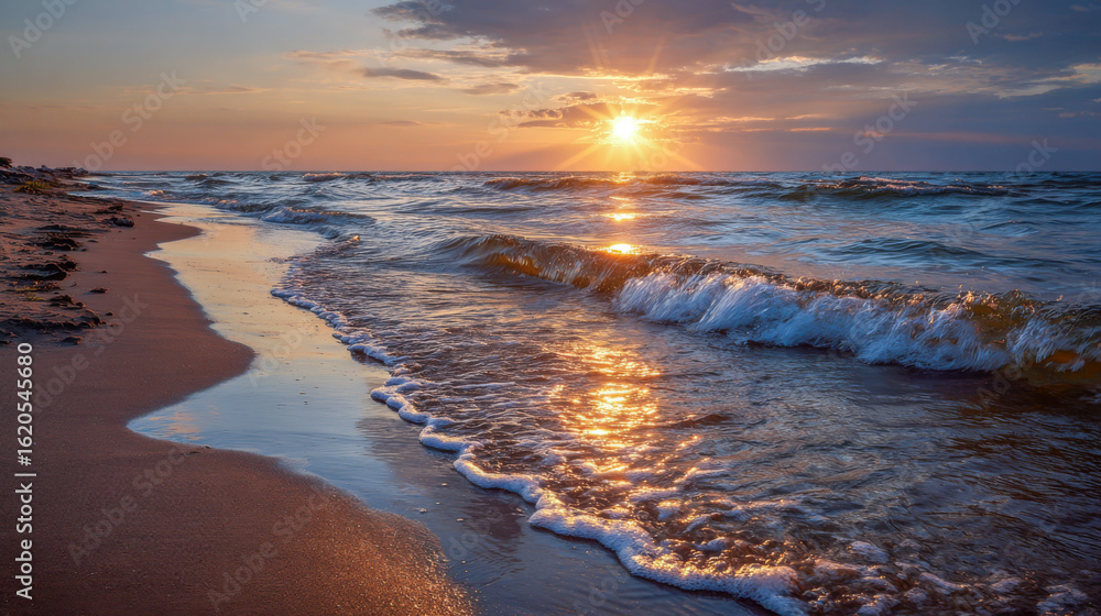 custom made wallpaper toronto digitalSoft waves caress the sandy beach as a breathtaking golden sunset paints the sky. Warm reflections shimmer on the wet sand, creating a serene coastal atmosphere at dusk