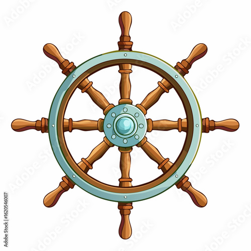 Cartoonish Ship Wheel with Wooden Spokes and Light Blue Metal Accents