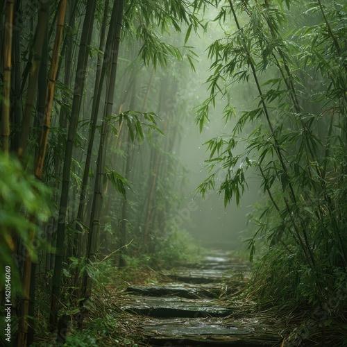 Misty bamboo forest path. Tranquil scene. Hiking.  Possible use Nature wallpaper