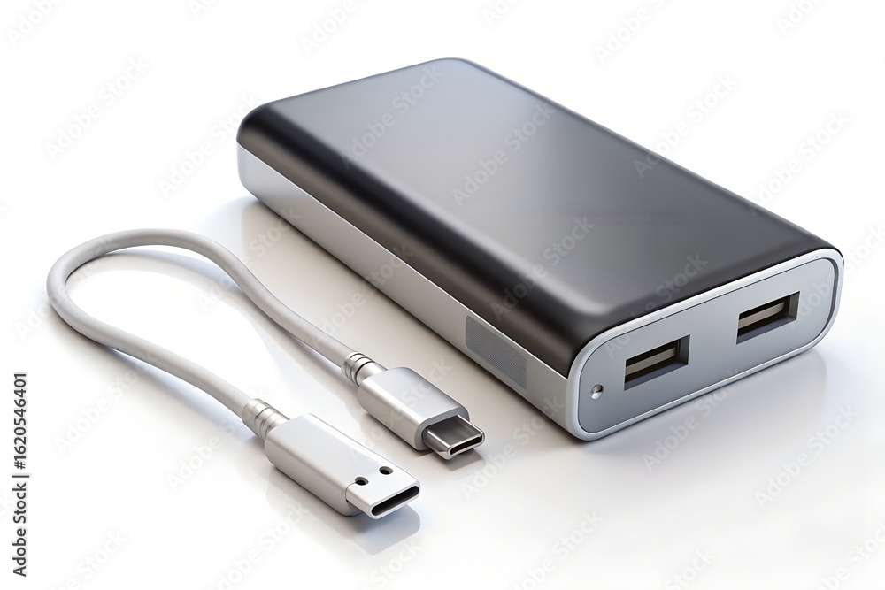 Sleek black and silver portable power bank with USB-C cable; modern, minimalist design. Sleek black and silver portable power bank with USB-C cable; modern, minimalist design.