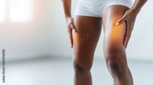 Person athletic wear is holding their thighs, highlighting discomfort or muscle pain. image emphasizes exercise related strain and potential pain relief through proper posture and recovery