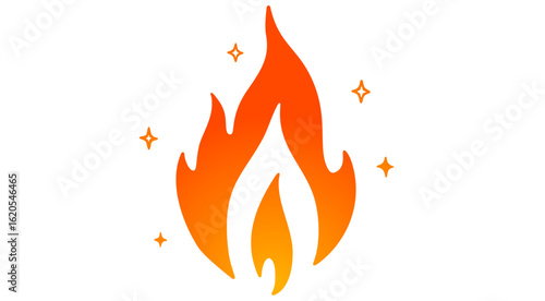 Fire, flame, bonfire. Flame fire icon, abstract style on white background. Flat burn fire symbol, bonfire sign, flame campfire emoji. Camping fireball minimal graphic style. Vector Illustration