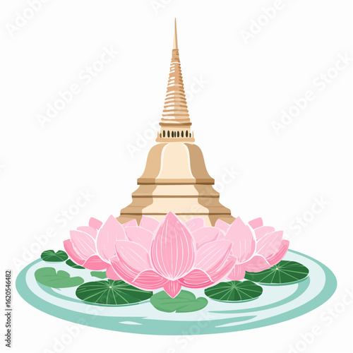 Illustration of a Golden Pagoda with Pink Lotus Flowers and Lily Pads