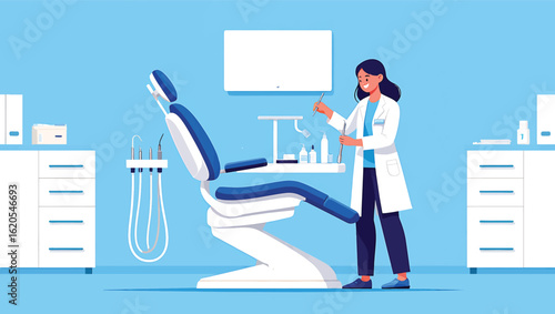 Elderly doctor working at a desk with a computer in a medical clinic office. Vector illustration.