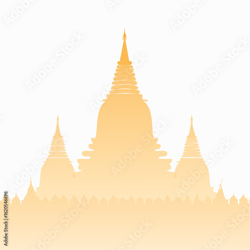 Golden-topped white stupas, a minimalist illustration of Burmese Buddhist architecture
