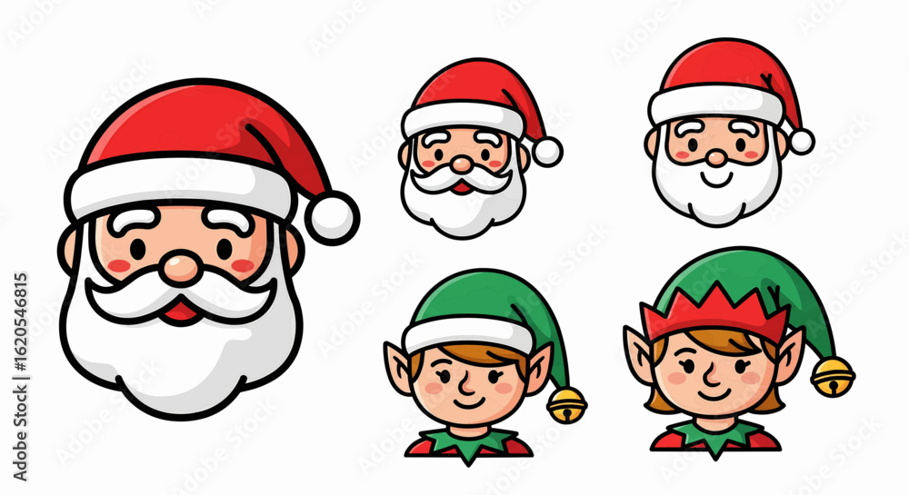Collection of cute Santa Claus and elf head cartoon characters. Festive holiday vector icons for Christmas design. Collection of cute Santa Claus and elf head cartoon characters. Festive holiday vector icons for Christmas design.