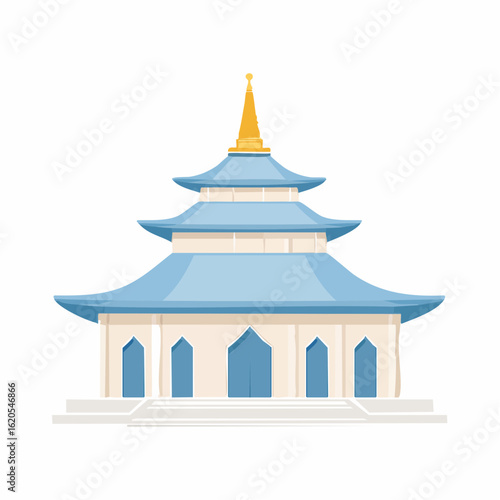 Three-tiered pagoda with blue roofs and golden spire, symmetrical facade