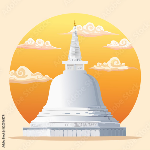 Cartoon Illustration of a Stupa and Smaller Pagoda with Clouds