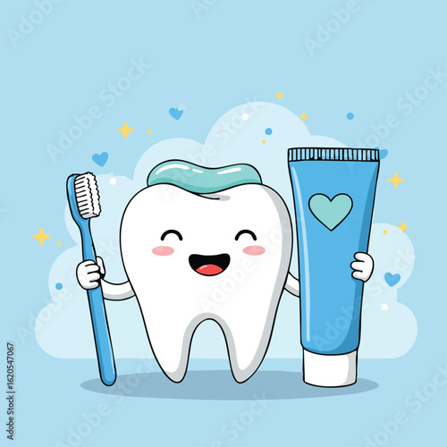 Smiling cartoon tooth with toothbrush and toothpaste happy dental hygiene concept illustration