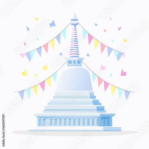 Pastel Stupa with Festive Bunting and Confetti, a Celebration of Peace