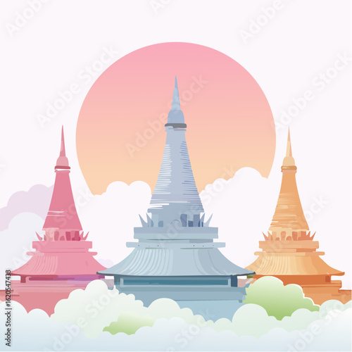 Three stylized pagodas in pink, blue, and orange hues against a cloudy sky.