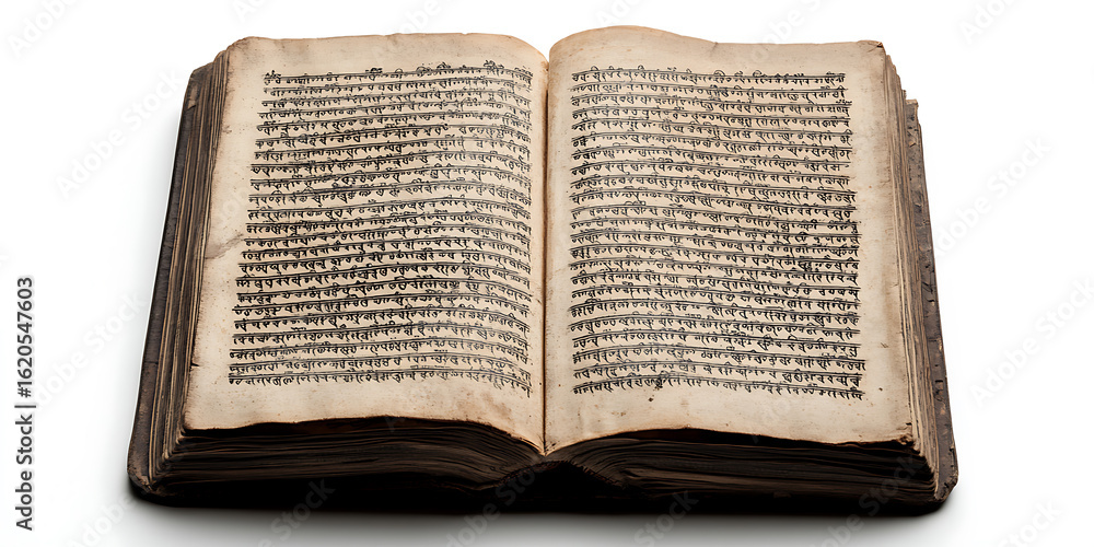 Obraz premium Antique Book: A well-worn, open book displays aged pages filled with dense text in an Eastern script, on a white backdrop.