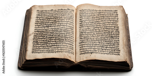 Antique Book: A well-worn, open book displays aged pages filled with dense text in an Eastern script, on a white backdrop.