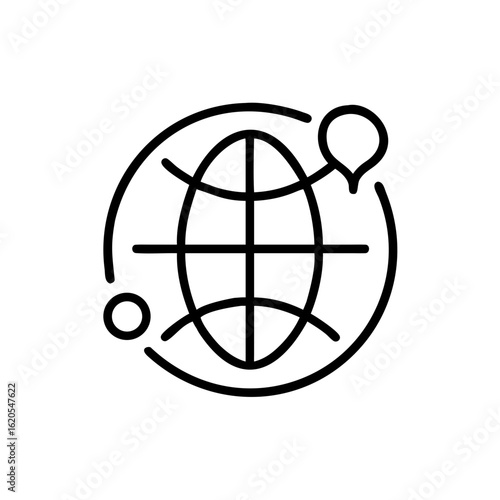 Outline globe with meridians and parallels surrounded by arcs and a speech bubble icon design