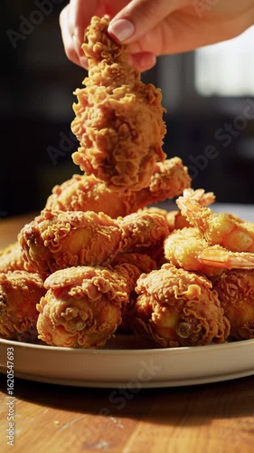 Captivating extreme close-up video of crispy golden fried chicken tenders, drumsticks, and wings with fried shrimp on a white platter. a pristine manicured hand picks up a tender, warm golden hour