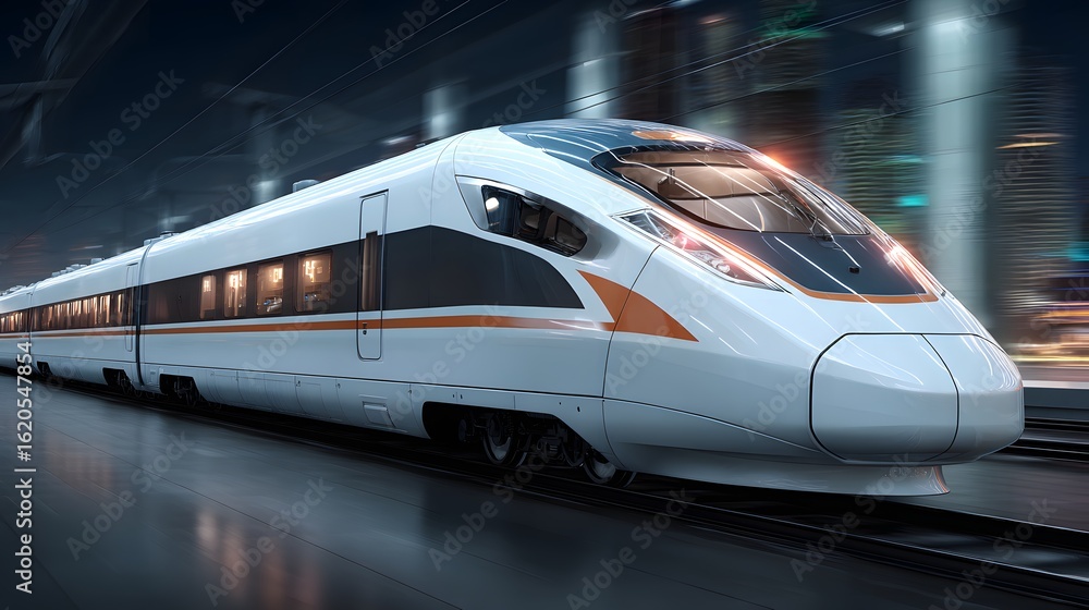 Fototapeta premium High-speed train gliding through a nighttime station.