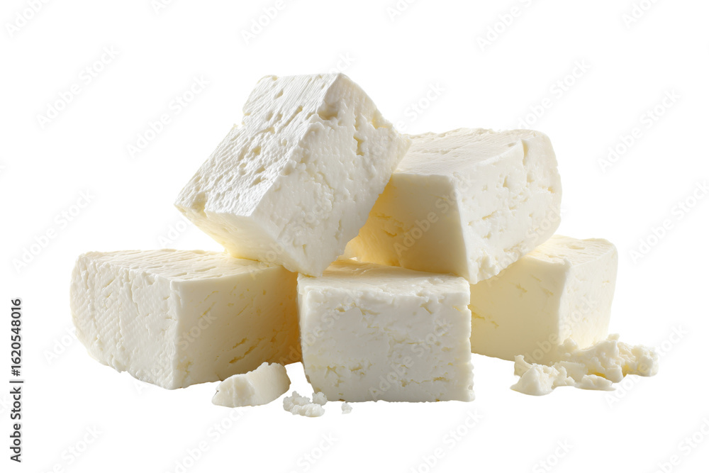 Fototapeta premium Stacked cubes of white feta cheese with crumbly texture isolated on a transparent background dairy food