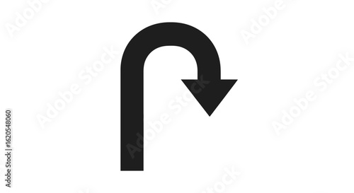 A simple black u turn arrow pointing downwards on a white background in a minimalist style design art