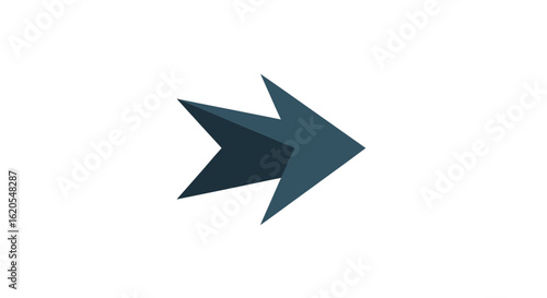 Isolated teal arrow pointing right with a three dimensional design on a plain white background view