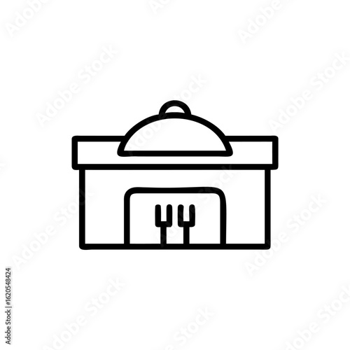Outline restaurant building icon with serving dome forks food