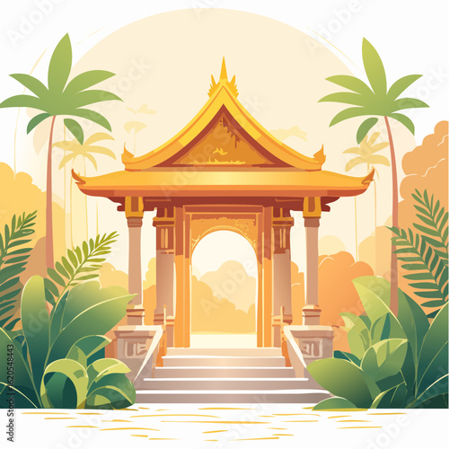 Golden-roofed Temple Pavilion Amidst Lush Tropical Foliage and Palm Trees