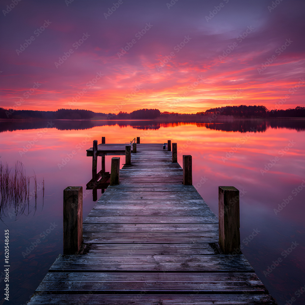 Fototapeta premium Wooden Dock Extending into Calm Lake at Sunset with Vibrant Reflections in the Water