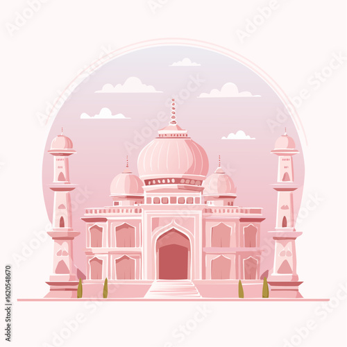 Pink Architectural Illustration of the Taj Mahal with Detailed Dome and Minarets