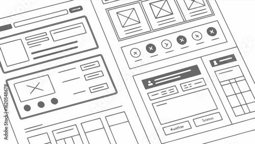Wireframe of a website layout with various elements, including text boxes, buttons, and navigation menus, isolated on white background