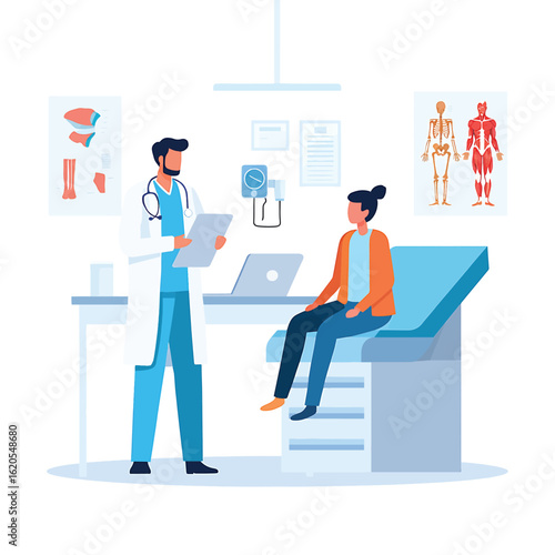 Doctor and patient consultation in a modern medical clinic. Healthcare concept vector illustration.