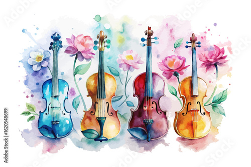 set of watercolor violin with flower vector illustration isolated on white background