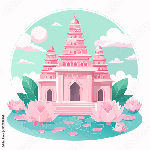 Pink Temple with Lotus Flowers and Tranquil Sky Illustration.