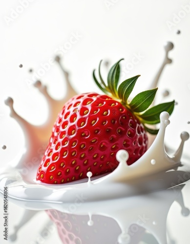 A fresh, ripe strawberry surrounded by splashes of milk, creating a dynamic, visually appealing scene that highlights its vibrant color and texture.