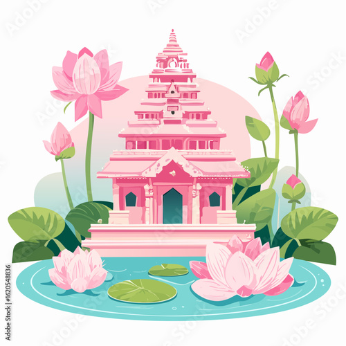 Pink Temple by a Lotus Pond in a Floral Setting