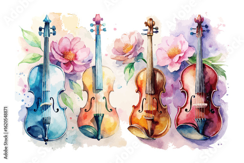 set of watercolor violin with flower vector illustration isolated on white background