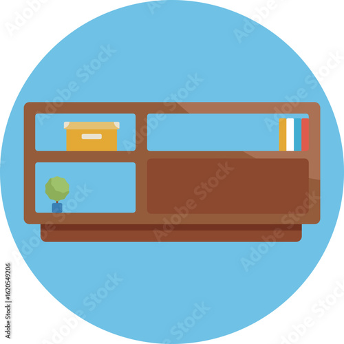 A storage unit with doors and shelves used to organize household items.