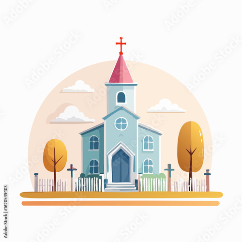 Stylized Church with Red Cross, Trees, and White Picket Fence.