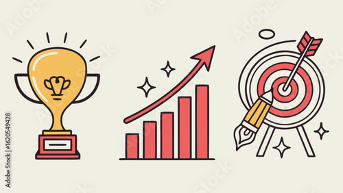 Illustration featuring a trophy, a growth chart, and a target with an arrow, symbolizing success, achievement, and goaloriented progress in business and personal development
