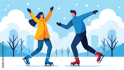 A happy couple ice skating in a winter park, vector illustration of a seasonal activity