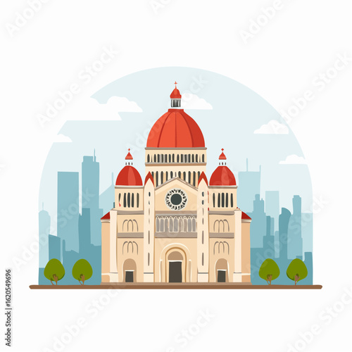 Illustrated Cathedral with Red Dome and Cityscape Backdrop, Featuring Unique Tree Colors