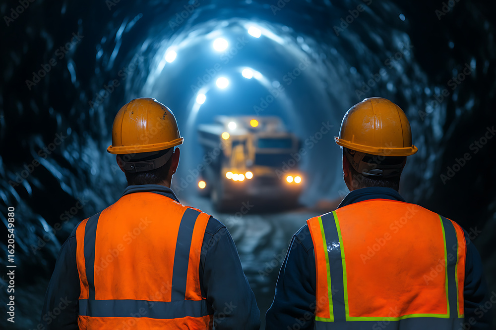 Fototapeta premium Two workers in safety gear stand at the mouth of a tunnel with a work vehicle approaching, highlighting the essence of industrial construction and safety measures.