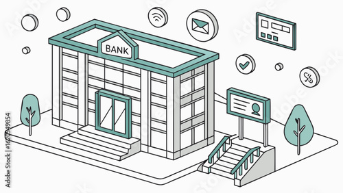 Isometric illustration of a bank building with surrounding icons, representing financial services, banking, and investment opportunities in a modern urban setting