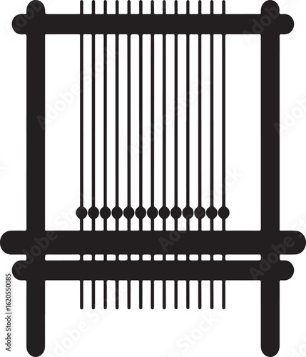 Black silhouette of a traditional weaving loom with vertical threads