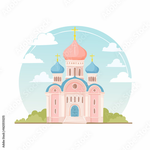 Cartoon illustration of a pink and blue Orthodox church with rainbow