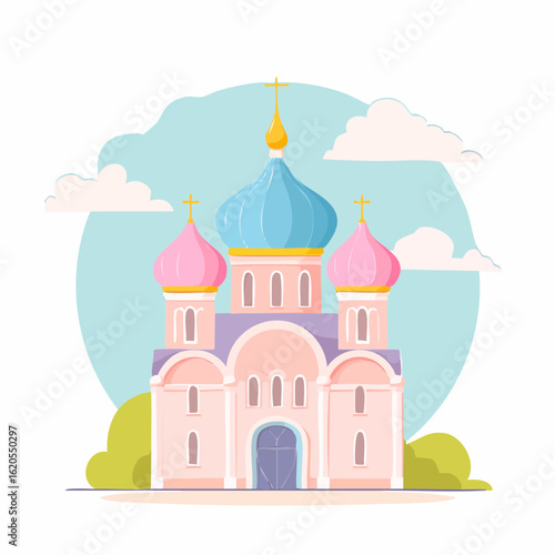 Colorful Cartoon Illustration of a Russian Orthodox Church with Domes