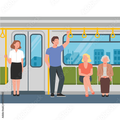 People are riding the subway with a woman standing near the door and others sitting near the window view