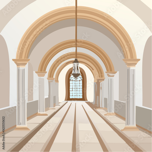 Arched Hallway with Columns and Hanging Lantern Illustration