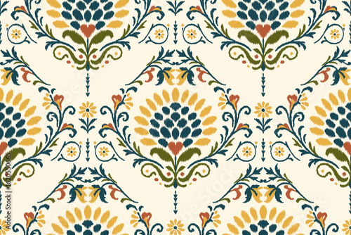 Ethnic floral embroidery pattern with damask and paisley elements in ikat textile style, seamless vector design for traditional fabric, clothing print, abstract decorative texture background.