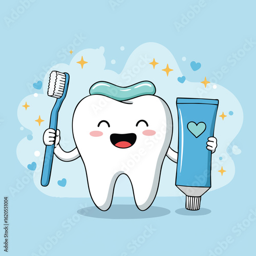 A Happy Cartoon Tooth Holding a Toothbrush and Toothpaste Suggesting Good Oral Hygiene Practices for a Healthy Smile
