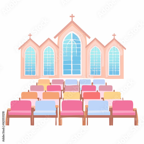 Cartoon Church Building with Colorful Seating Arrangement Illustration