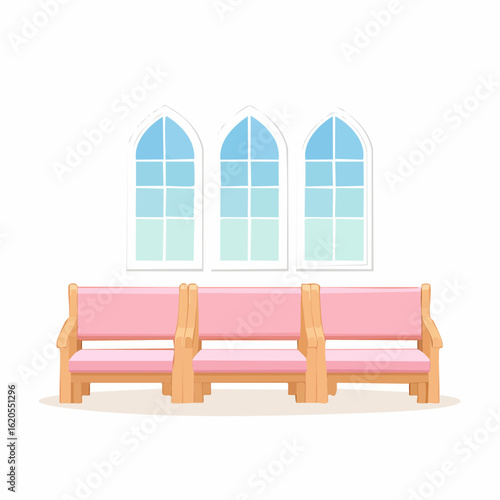 Three pink church pews beneath arched windows, creating a serene and inviting space.